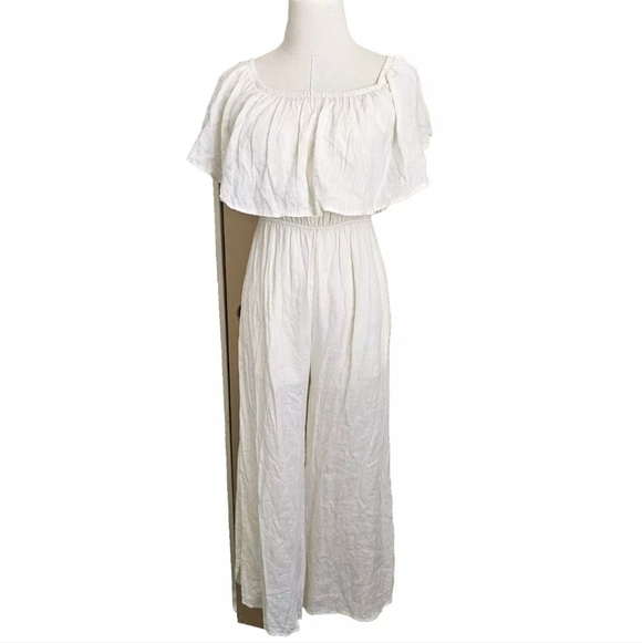 Audrey 3+1 Linen Blend Boho Wide Leg Off Shoulder Ruffle Ivory White Jumpsuit, S - Picture 1 of 15